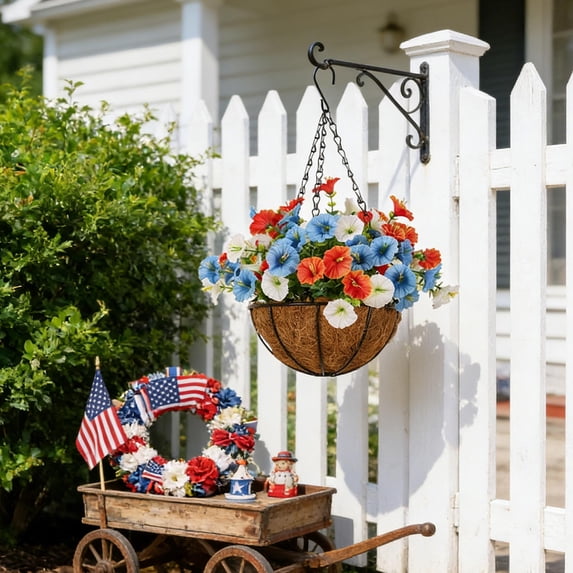 Independence Day Spring Simulation Flower Basket Patriotic Hanging Basket Decor Red White Blue for 4th of July Memorial Day Veterans Day Front Door Porch Wall Home Party Decorations Housewarming Gift