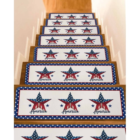 Independence Day Stair Treads Non Slip for Steps America Vintage U.S. Flag Star Flag Day 7 Pcs Reusable Adhesive Stair Runner Mats for Dogs Elders Carpet Treads Rugs for Staircase 8x30 In