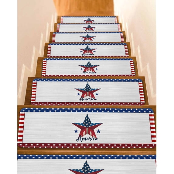 Independence Day Stair Treads Non Slip for Steps America White Wooden Stripes U.S. Flag 7 Pcs Reusable Adhesive Stair Runner Mats for Dogs Elders Carpet Treads Rugs for Staircase 8x30 In
