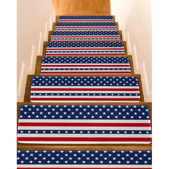 Independence Day Stair Treads Non Slip for Steps Retro U.S. Flag Star Red Blue White Stripes 15 Pcs Reusable Adhesive Stair Runner Mats for Dogs Elders Carpet Treads Rugs for Staircase 8x30 In