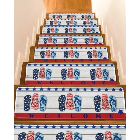 Independence Day Stair Treads Non Slip for Steps Summer Slippers WELCOME Wood Grain 4 Pcs Reusable Adhesive Stair Runner Mats for Dogs Elders Carpet Treads Rugs for Staircase 8x30 In