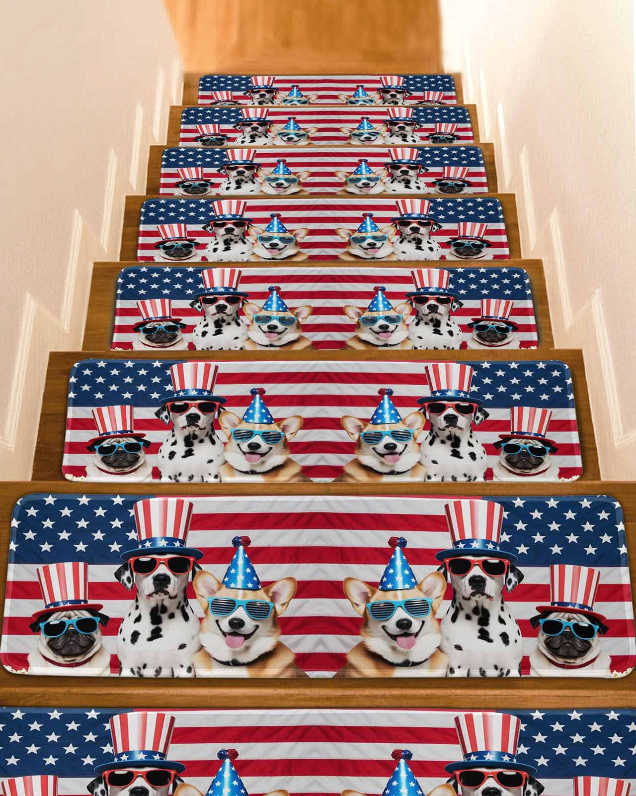 Popcorn Math Runner Rugs Independence Day Stair Treads Non Slip for Steps U.S. Flag Themed Cute ...