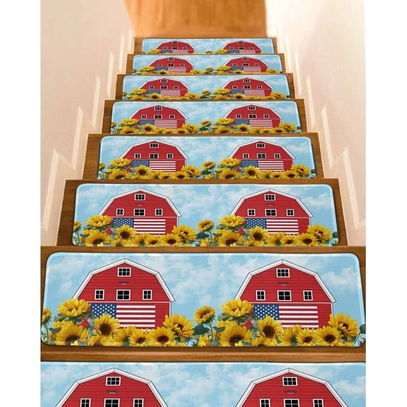 Independence Day Stair Treads Non Slip for Steps U.S. Flag Themed Red Barn Farmhouse Sunflower 4 Pcs Reusable Adhesive Stair Runner Mats for Dogs Elders Carpet Treads Rugs for Staircase 8x30 In