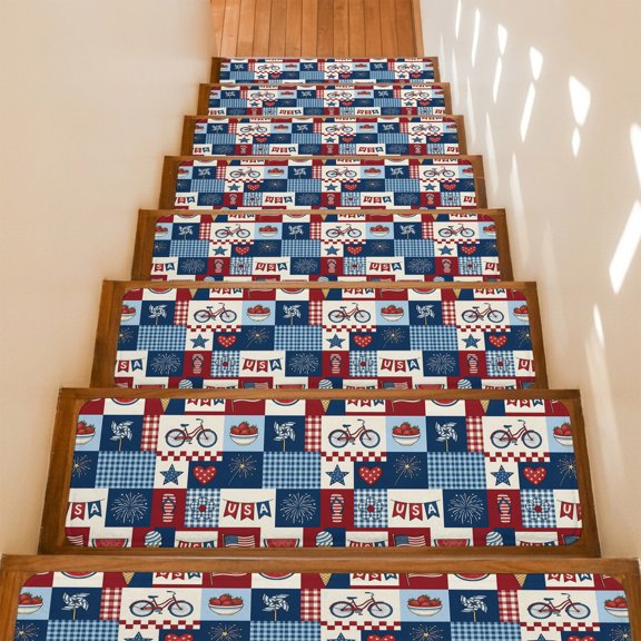Independence Day Stair Treads Non Slip for Steps USA Flag Summer Bike Fruit Slippers 15 Pcs Reusable Adhesive Stair Runner Mats for Dogs Elders Carpet Treads Rugs for Staircase 8x30 In