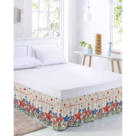 Independence Day Star Bed Skirt California King Size 18 Inch Drop, Modern Blue Red American Stars Plant Linen Texture Adjustable Elastic Dust Ruffles Bedskirt Wrap Around Pleated Mattress Frame Cover