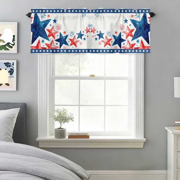 Independence Day Star Fireworks Valances for Windows,Kitchen Valance Rod Pocket Short Curtain, Red Blue Pentagram Valance Curtain Window Valances for Bedroom Bathroom Living Room 42x18in