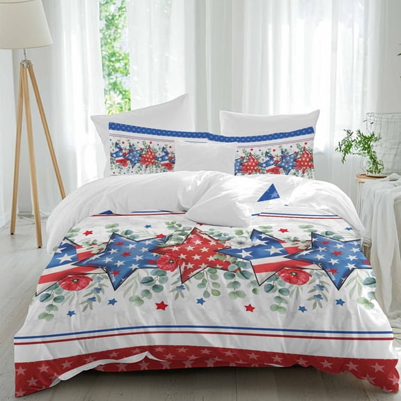 Independence Day Star Full Size Comforter Set, Farm Red Blue White Star Eucalyptus Leaves Bedding for All Seasons, 4 Pcs Bed Set, 1Quiltcover (86"x86") ,1Sheet(80"x116"), 2Pillowcases (30"x20")