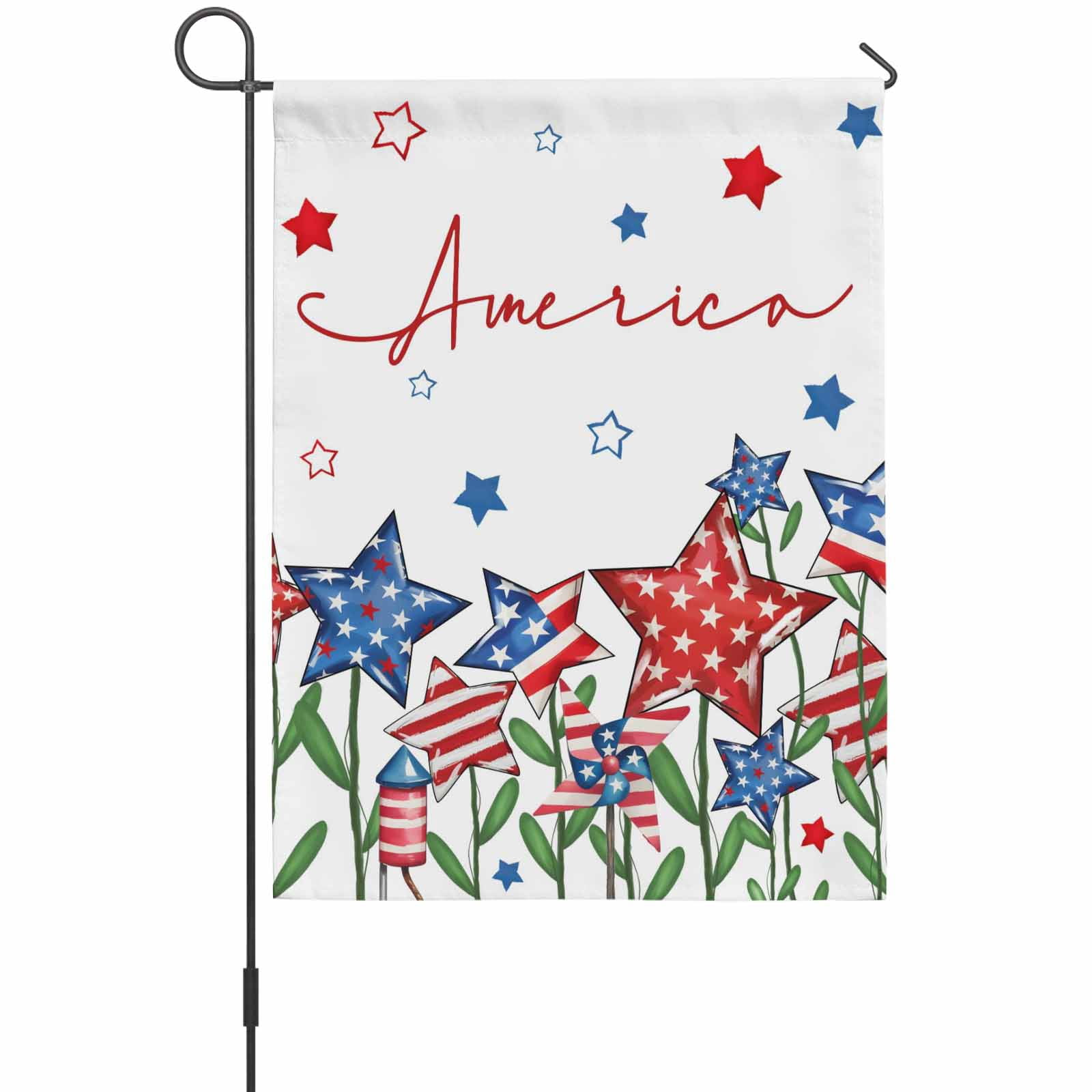 Independence Day Star House Flag 28 x 40 Inches, Modern Blue Red American Stars Plant Fireworks Weather Proof Outdoor Patio Flags Double Sided Small House Decoration for Yard Lawn Outside Home