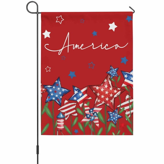Independence Day Star House Flags For Outdoor, Modern Blue Red American Stars Plant Fireworks Red Small Double Side Yard Flags Weather Proof House Decor for Lawn Outside Holiday 28 x 40 Inches