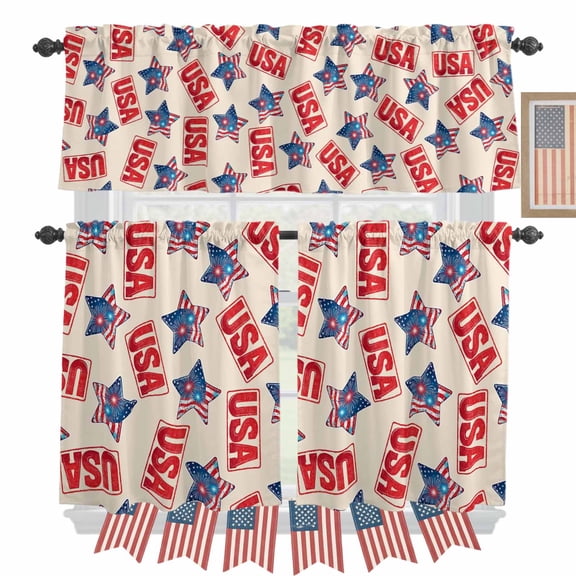 Independence Day Star Kitchen Curtains Valances 3 Piece Set, Patriotic Retro USA Flag Red Blue Star Fireworks Rod Pocket Tier Curtain and Valance Drapes for Small Window 24 Inch Length for Bedroom