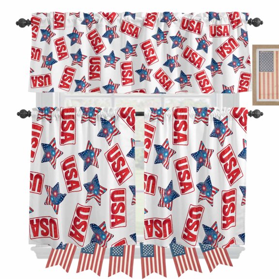 Independence Day Star Kitchen Curtains Valances 3 Piece Set, Patriotic USA Flag Red Blue Star Fireworks Rod Pocket Tier Curtain and Valance Drapes for Small Window 36 Inch Length for Bedroom Cafe
