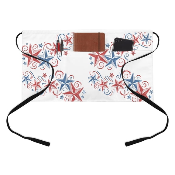 Independence Day Star Kitchen Restaurant Half Waist Apron, 4th of July American Flag Red Blue Star Server Short Apron with 3 Pockets Waterproof Oil Waist Aprons for Women Waitress Waiter
