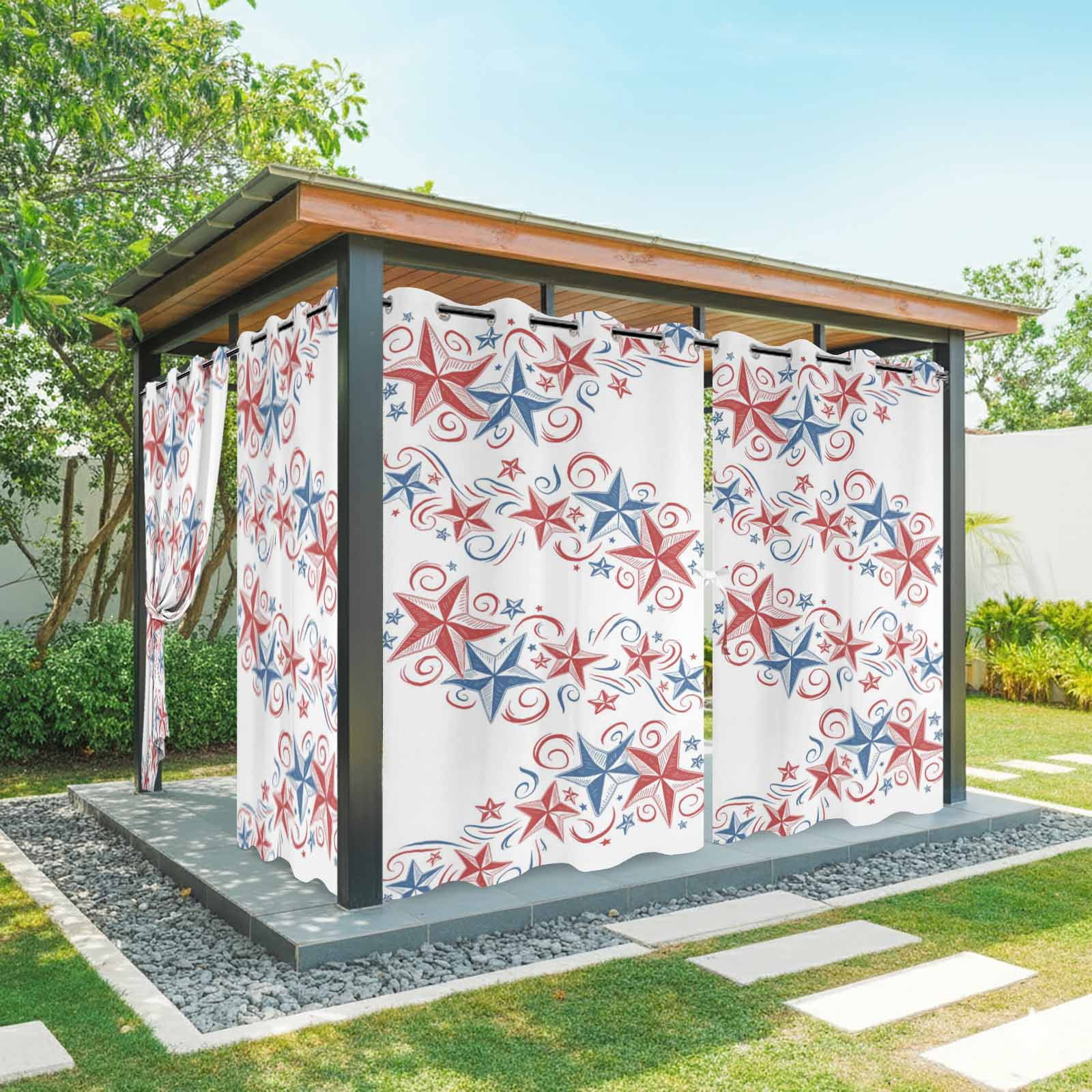 Independence Day Star Outdoor Curtains for Patio, 4th of July American Flag Red Blue Star Sunshade Privacy Drapes Grommet Waterproof Outside Curtains for Porch/Cabana/Balcony 54"x 108", 1 Panel