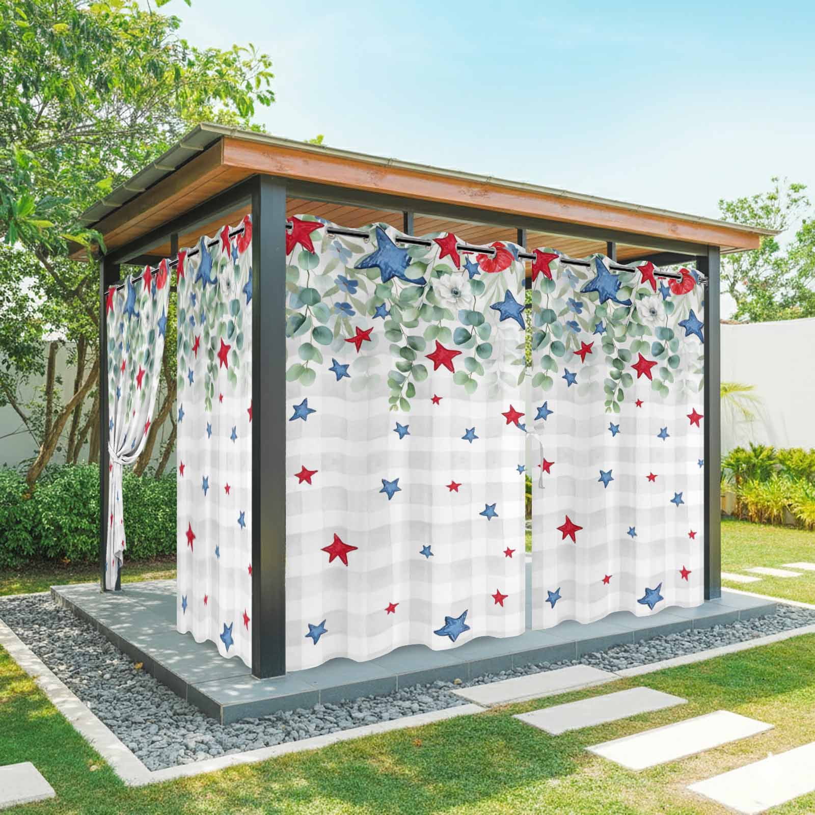Independence Day Star Outdoor Curtains for Patio, Country Farmhouse Red Blue Star Leaf Flower Gray Plaid Sunshade Privacy Drapes Grommet Waterproof Outside Curtains for Porch 54"x108", 1 Panel