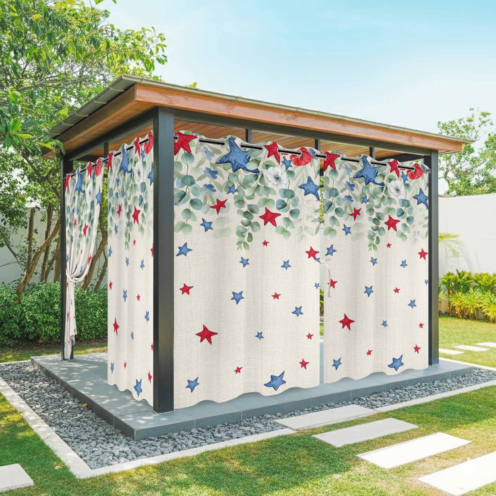 Independence Day Star Outdoor Curtains for Patio, Country Farmhouse Red Blue Star Leaf Flower Linen Sunshade Privacy Drapes Grommet Waterproof Outside Curtains for Porch Balcony 54"x95", 2 Panel