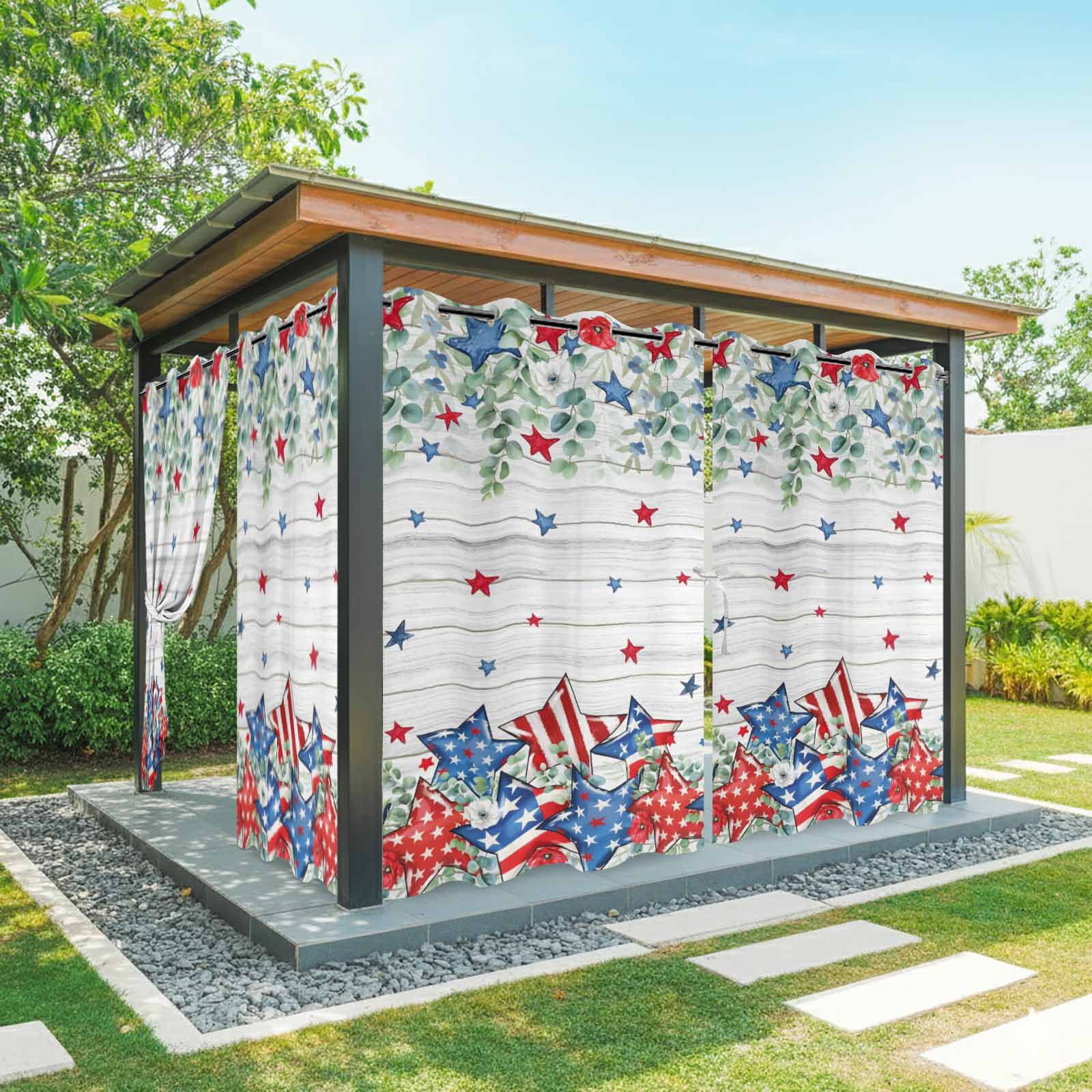 Independence Day Star Outdoor Curtains for Patio, Farm Red Blue White Star Green Leaf Flower Wood Grain Sunshade Privacy Drapes Grommet Waterproof Outside Curtains for Porch Balcony 54"x108", 1 Panel