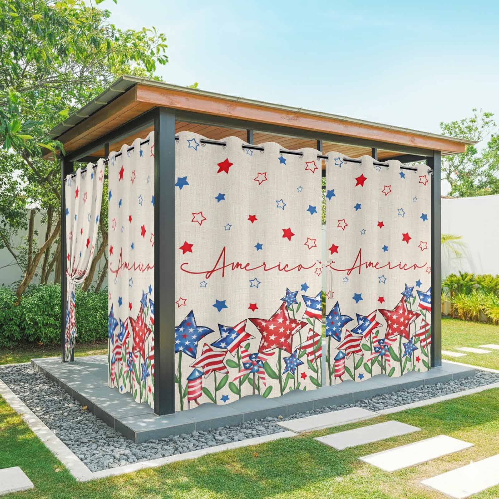 Independence Day Star Outdoor Curtains for Patio, Modern Blue Red American Stars Plant Linen Texture Sunshade Privacy Drapes Grommet Waterproof Outside Curtains for Porch Balcony 54"x95", 2 Panel