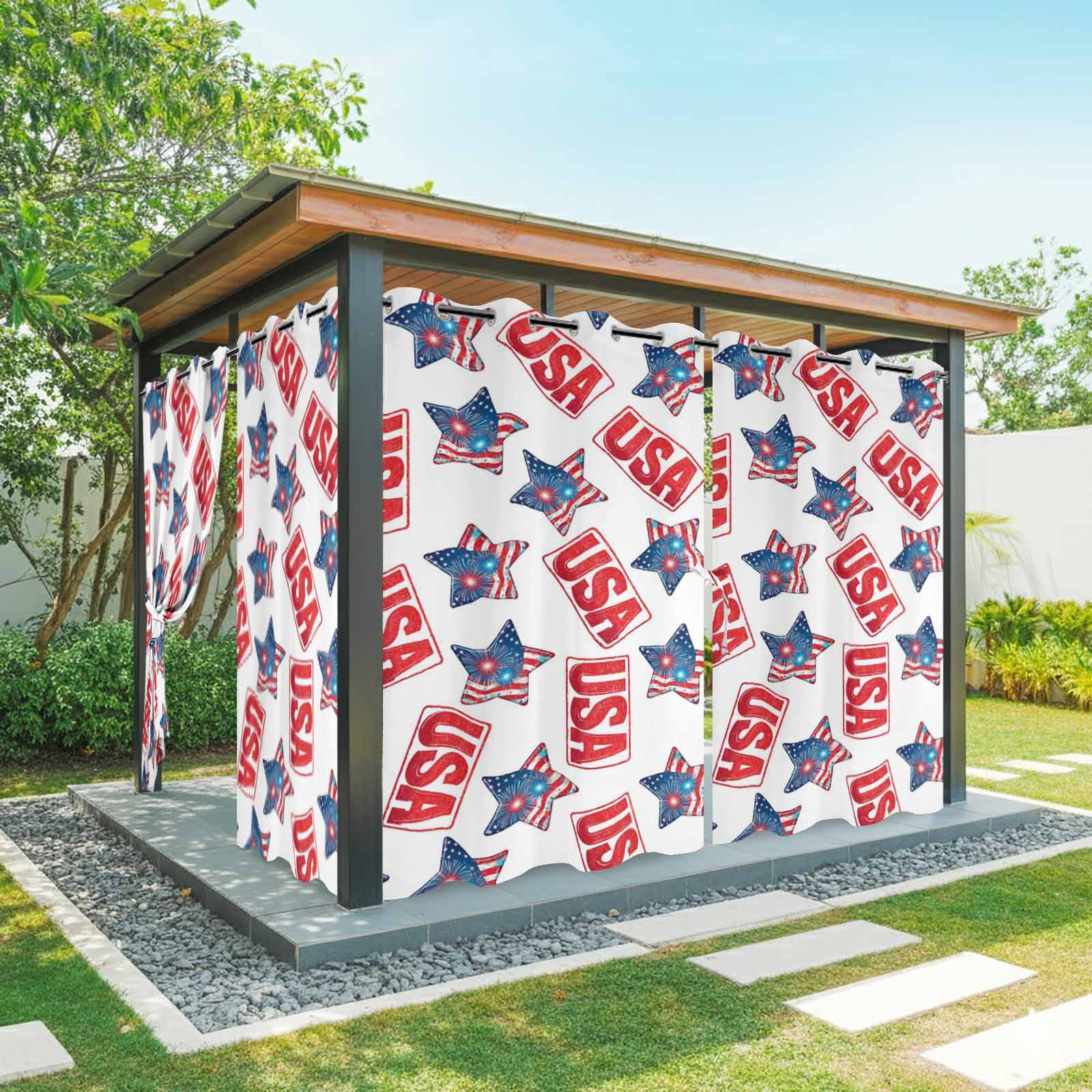 Independence Day Star Outdoor Curtains for Patio, Patriotic USA Flag Red Blue Star Fireworks Sunshade Privacy Drapes Grommet Waterproof Outside Curtains for Porch/Cabana/Balcony 54"x 108", 1 Panel