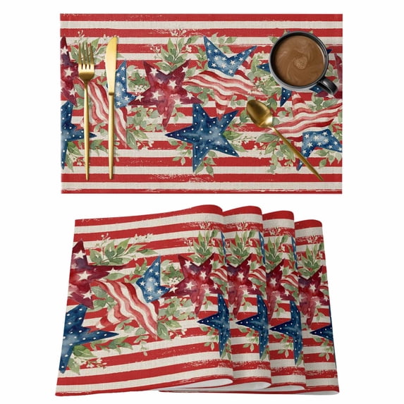 Independence Day Star Placemats Set of 4, Red Blue American Flag Leaf Flower Red Stripe Non-Slip Place Mats Washable Table Mats for Kitchen Dining Table Decorations Indoor/Outdoor