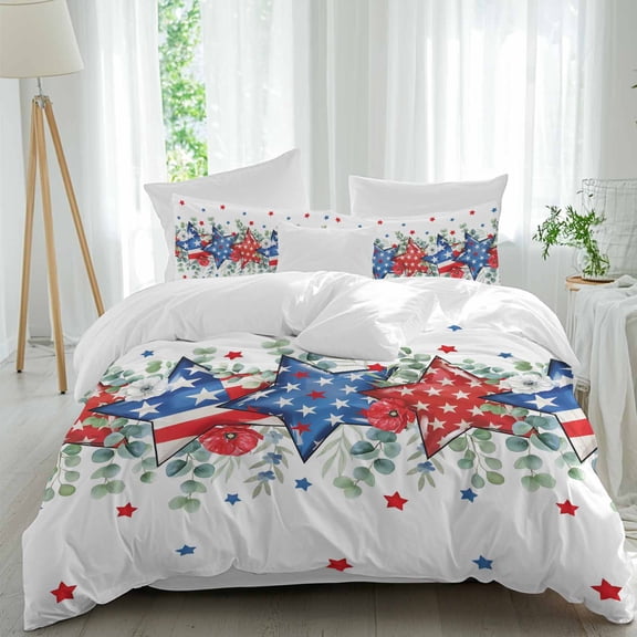 Independence Day Star Queen Size Comforter Set, Farm Red Blue White Star Green Eucalyptus Leaf Bedding for All Seasons, 4 Pcs Bed Set, 1Quiltcover (90"x92") ,1Sheet(94"x116"), 2Pillowcases (30"x20")