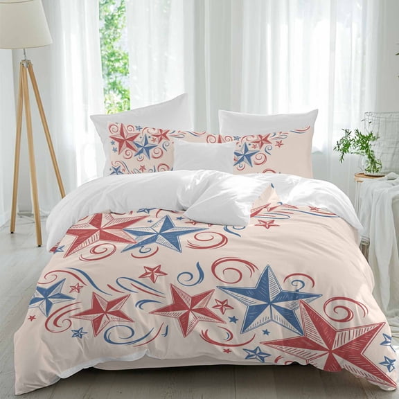 Independence Day Star Queen Size Comforter Set, Retro 4th of July American Flag Red Blue Star Bedding for All Seasons, 4 Pcs Bed Set, 1Quiltcover (90"x92") ,1Sheet(94"x116"), 2Pillowcases (30"x20")