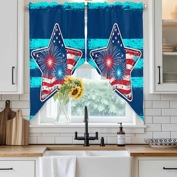 Independence Day Star Swag Curtain Valance for Windows, Patriotic US Flag Star Fireworks Blue Stripe Window Treatments Short Swag Topper for Kitchen Windows Bathroom Bedroom, 36"x36"