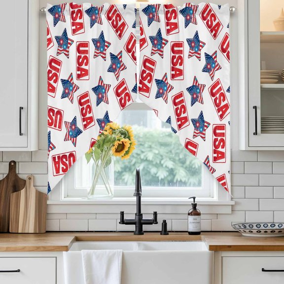 Independence Day Star Swag Curtain Valance for Windows, Patriotic USA Flag Red Blue Star Fireworks Window Treatments Short Swag Topper for Kitchen Windows Bathroom Bedroom, 36"x36"