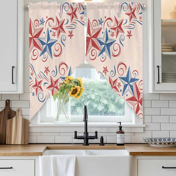 Independence Day Star Swag Curtain Valance for Windows, Retro 4th of July American Flag Red Blue Star Window Treatments Short Swag Topper for Kitchen Windows Bathroom Bedroom, 36"x36"