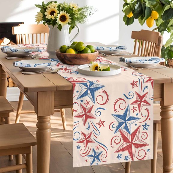 Independence Day Star Table Runner, Retro 4th of July American Flag Red Blue Star Washable Kitchen Table Runners Dress Scarves for Dining Table Decorations Party/Restaurant, 13x36in
