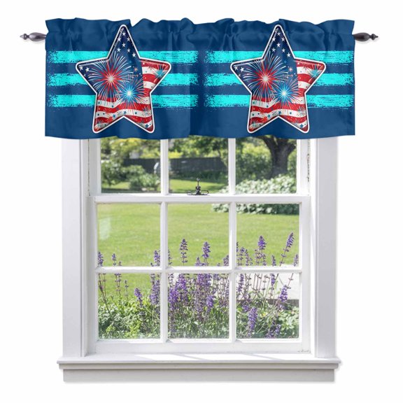 Independence Day Star Valances for Windows Patriotic US Flag Star Fireworks Blue Stripe Rod Pocket Cafe Window Treatments Valance Curtains for Kitchen Bathroom Laundry Basement Windows 60"x14"