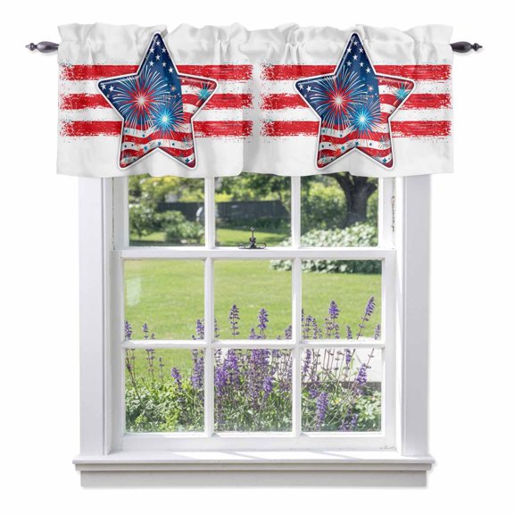 Independence Day Star Valances for Windows Patriotic US Flag Star Fireworks Red Stripe Rod Pocket Cafe Window Treatments Valance Curtains for Kitchen Bathroom Laundry Basement Windows 54"x18"