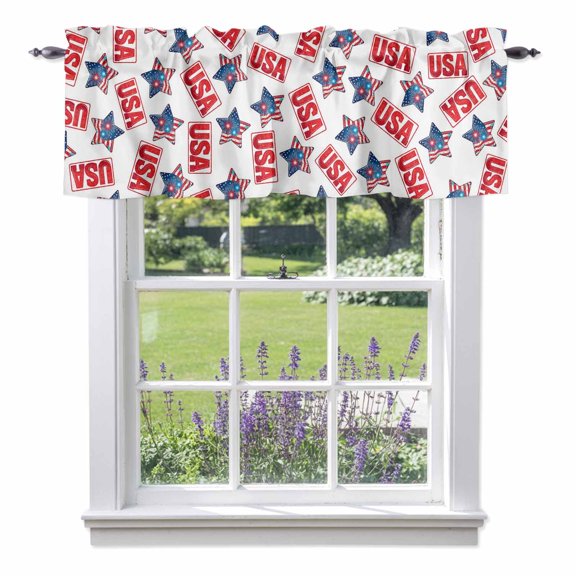Independence Day Star Valances for Windows Patriotic USA Flag Red Blue Star Fireworks Rod Pocket Cafe Window Treatments Valance Curtains for Kitchen Bathroom Laundry Basement Windows 60"x14"