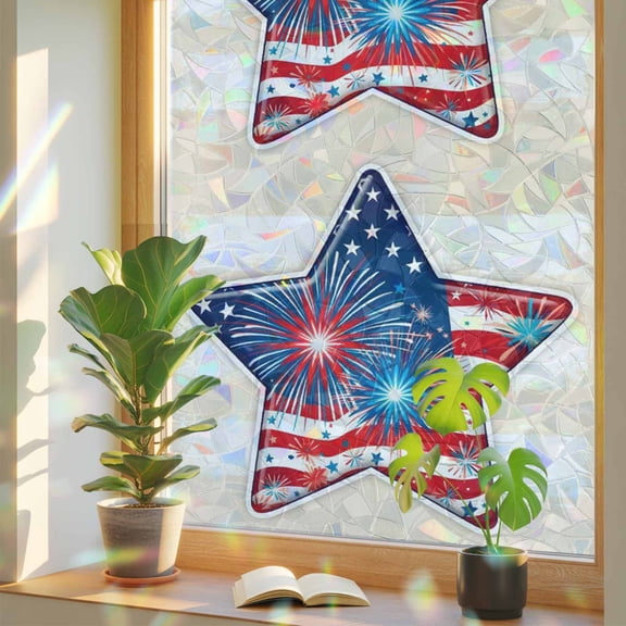Independence Day Star Window Privacy Film, Patriotic US Flag Red Blue Stripe Star Fireworks Stained Glass Rainbow Film Decorative Window Clings, Static Cling Sun Blocking Stickers 17.7" x 39.3"