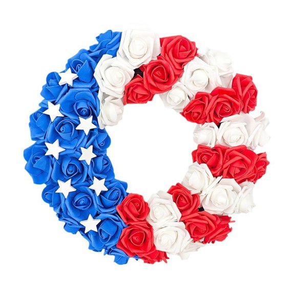 Independence Day Star Wreath, Simulated Red & Blue Roses, 4Th Of July Decor For Home, Front Door, Porch, Patio - Festive American Flag-Themed Artificial Flower Wreath, No Assembly