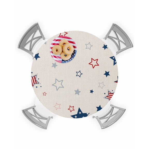 Independence Day Stars on Burlap Fitted Round Tablecloths Elastic Edged Table Covers 45"-54",Abstract USA National Flag Waterproof Dining Room Table Cloth for Kitchen Holiday Party Tables Decor