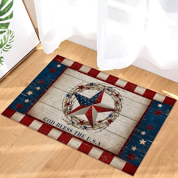 Independence Day Stars Entrance Door Mat Farmhouse Rustic Wood Low Profile Tradition Patriotic Decor Outdoor Welcome Mat Non-Slip Carpet Rugs Floor Mat Decorative for Home Bathroom Kitchen 20"x32"