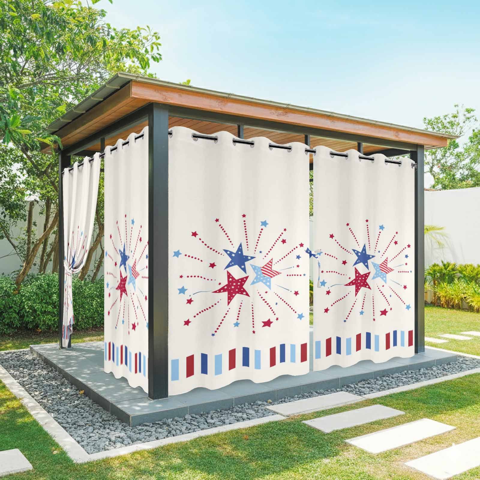 Independence Day Stars Outdoor Curtains for Patio, Modern Abstract Red Blue Stripes Stars Linen Texture Sunshade Privacy Drapes Grommet Waterproof Outside Curtains for Porch Balcony 54"x84", 1 Panel