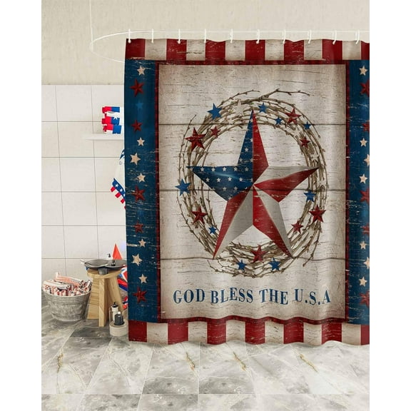 Independence Day Stars Shower Curtain, Farmhouse Rustic Wood Shower Curtain Set with Hooks, Spring Summer Waterproof Fabric Shower Curtains for Bathroom Decor, 72x72 Inch Bath Curtain