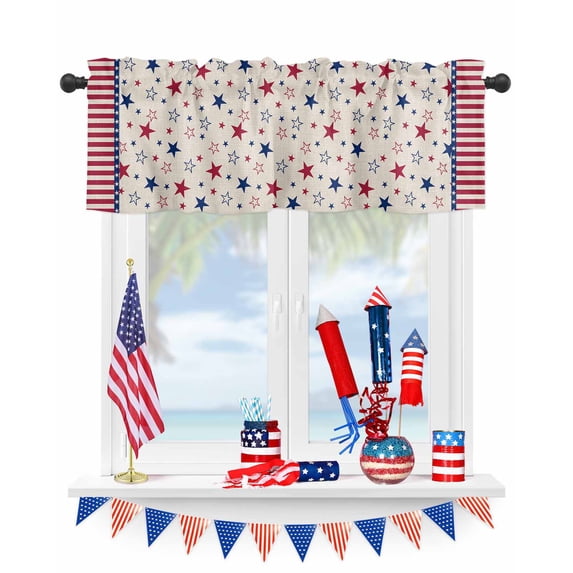 Independence Day Stars Stripe Curtain Valances for Kitchen Windows,Rod Pocket Short Valance USA Flag on Vintage Linen Window Treatment for Living Room Bathroom Bedroom,60" x 18"-1 Panel