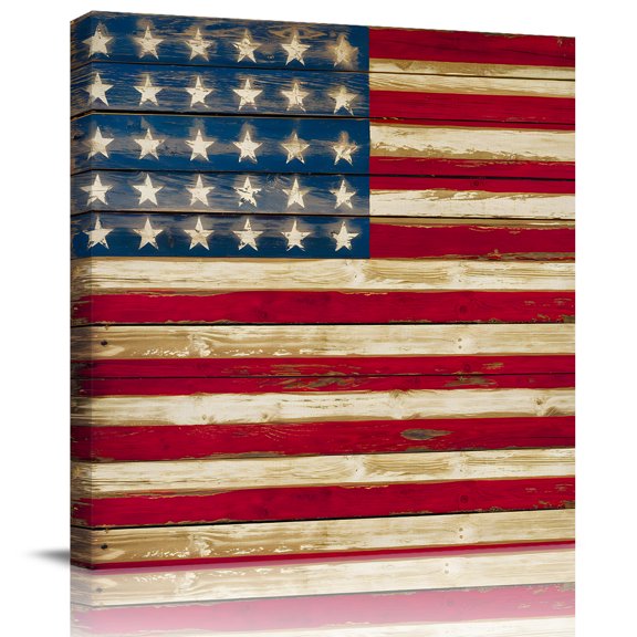 Independence Day Stars And Stripes Canvas Artwork Painting Art, Retro USA Flag Star Square Framed Wall Decorations Prints Picture for Bedroom Kitchen Living Room, 8x8 in
