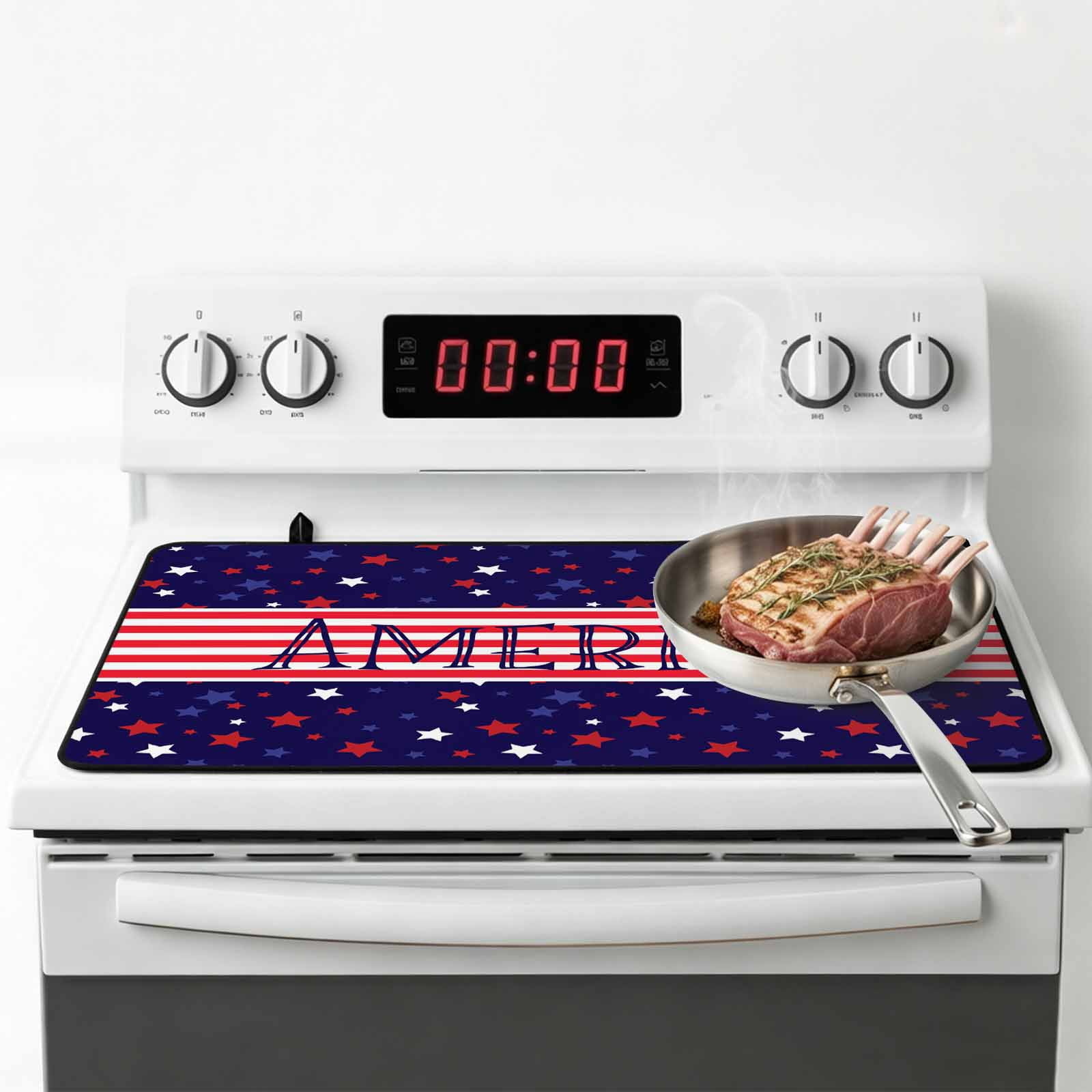 Independence Day Stove Top Cover for Electric Stove, Heat-proof & Non Slip Glass Top Stove Cover Protector, American Flag Red Blue Star Striped Kitchen Flat Cooktop Rubber Mat 24x21 Inches