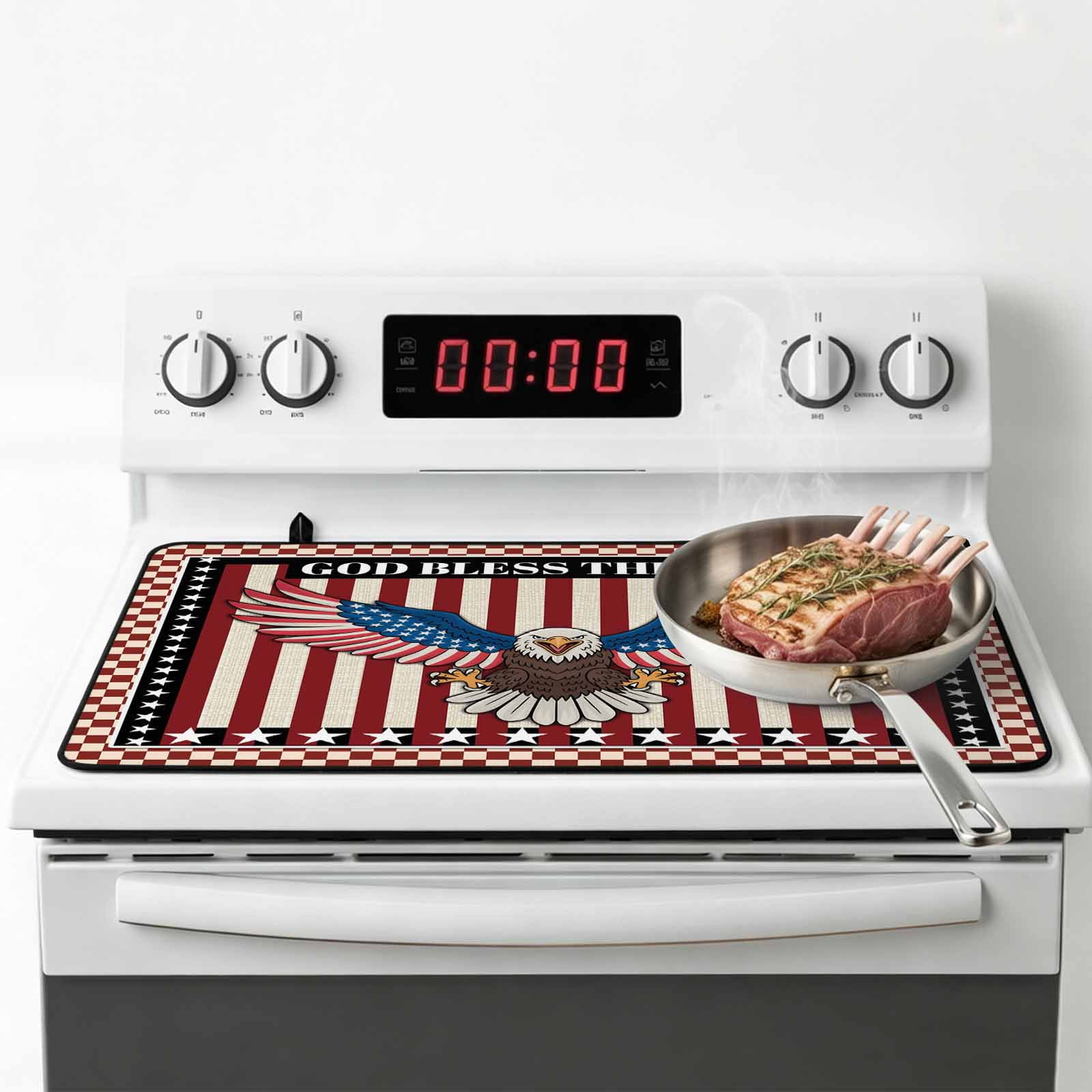 Independence Day Stove Top Cover for Electric Stove, Heat-proof & Non Slip Glass Top Stove Cover Protector, Eagle U.S Flag Red Blue Stripes Retro Kitchen Flat Cooktop Rubber Mat 24x21 Inches