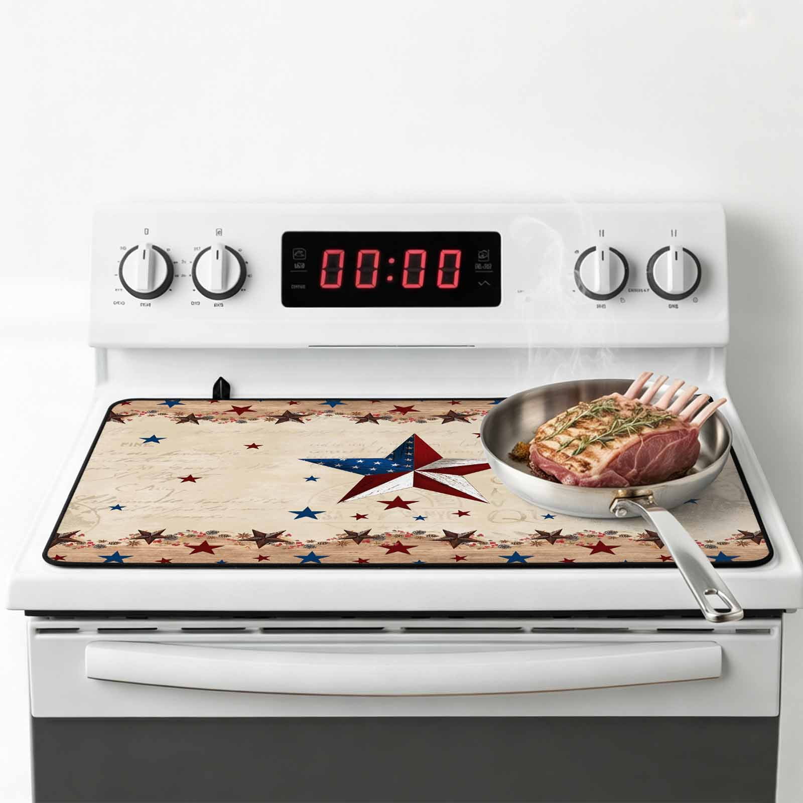 Independence Day Stove Top Cover for Electric Stove, Heat-proof & Non Slip Glass Top Stove Cover Protector, Rustic Texas Star Farmhouse Wooden Kitchen Flat Cooktop Rubber Mat 24x21 Inches