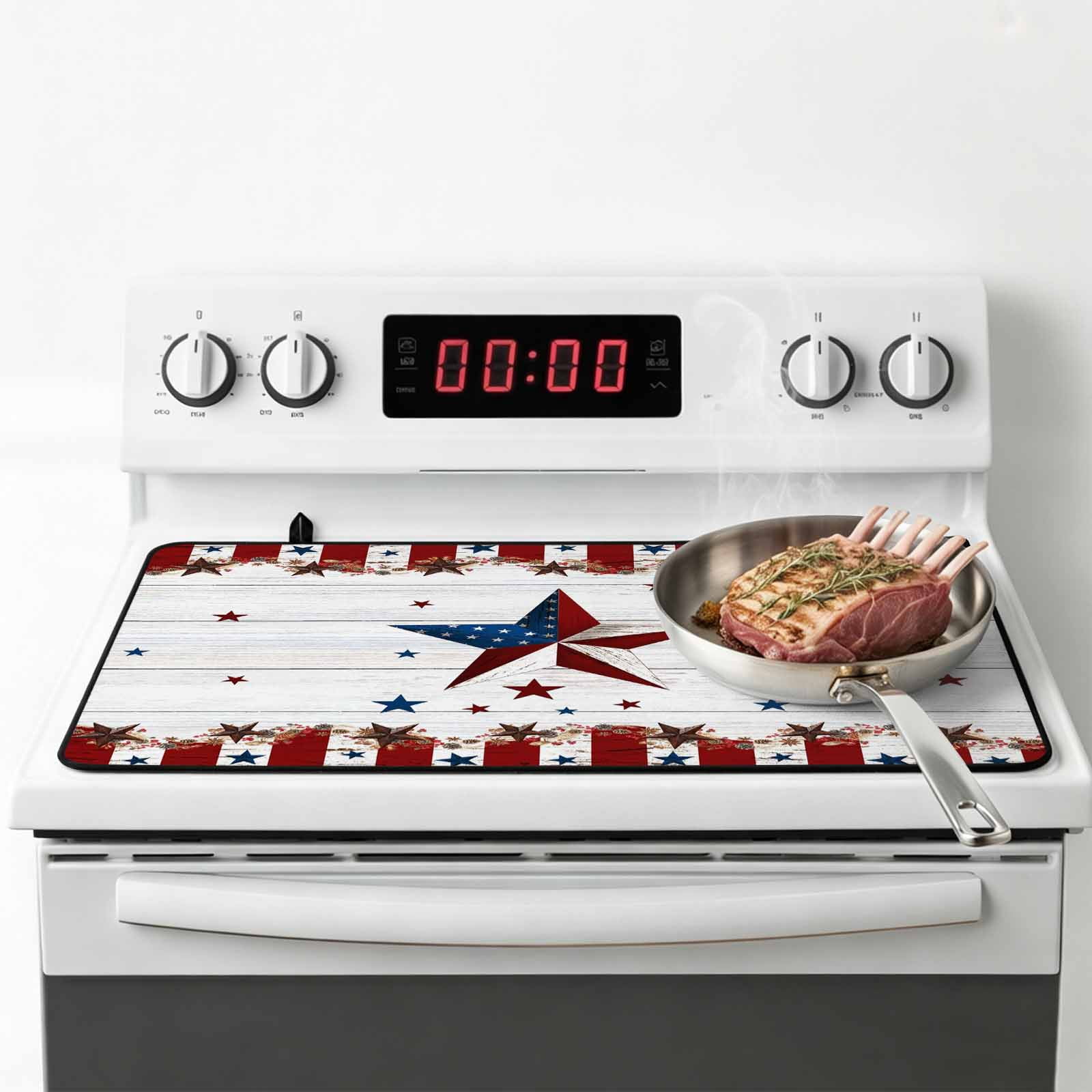 Independence Day Stove Top Cover for Electric Stove, Heat-proof & Non Slip Glass Top Stove Cover Protector, USA Flag Star Wooden Grain Striped Kitchen Flat Cooktop Rubber Mat 24x21 Inches