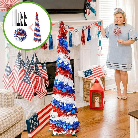 Independence Day Stretching Tree, Patriotic Pop up Christmas Tree,Collapsible Red White and Blue Tinsel 4th of July,Glitter Stars Foil Decorations for Home And Party Supplies