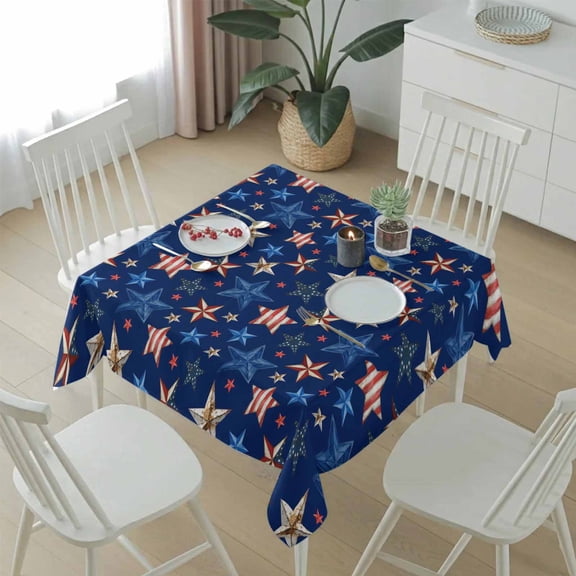 Independence Day Stripes and Stars Table Cloth 54x54in, Waterproof Square Tablecloth Wipeable Tablecloths Abstract Star Navy Blue Table Covers for Dining Tables Party Indoor Outdoor