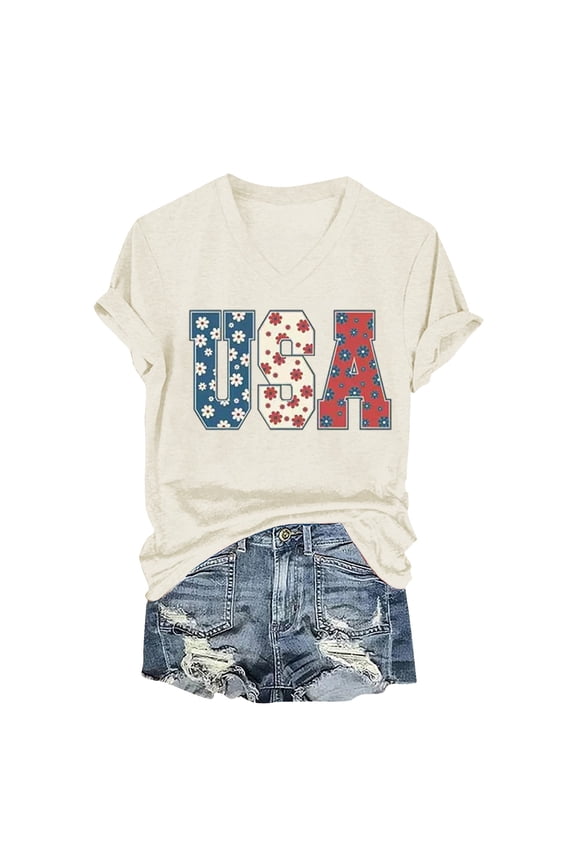 Independence Day Summer Tops for Women USA Flag V Neck Shirt Women Star and Stripes Graphic Tops Red White and Blue Short Sleeve Tee Summer Patriotic T Shirt