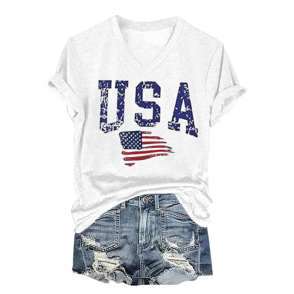 Independence Day Summer Tops for Women USA Flag V Neck Shirt Women Star and Stripes Graphic Tops Red White and Blue Short Sleeve Tee Summer Patriotic T Shirt