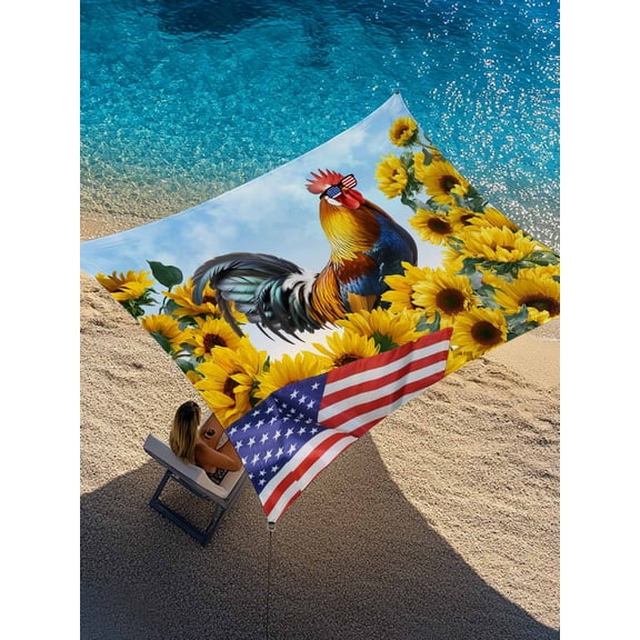 Independence Day Sun Shade Sail 6.5' x 10', U.S. Flag Themed Farm Rooster Summer Sunflower Rectangle Outdoor Sunshade Canopy, Waterproof UV Block Patio Covers for Garden Yard Beach