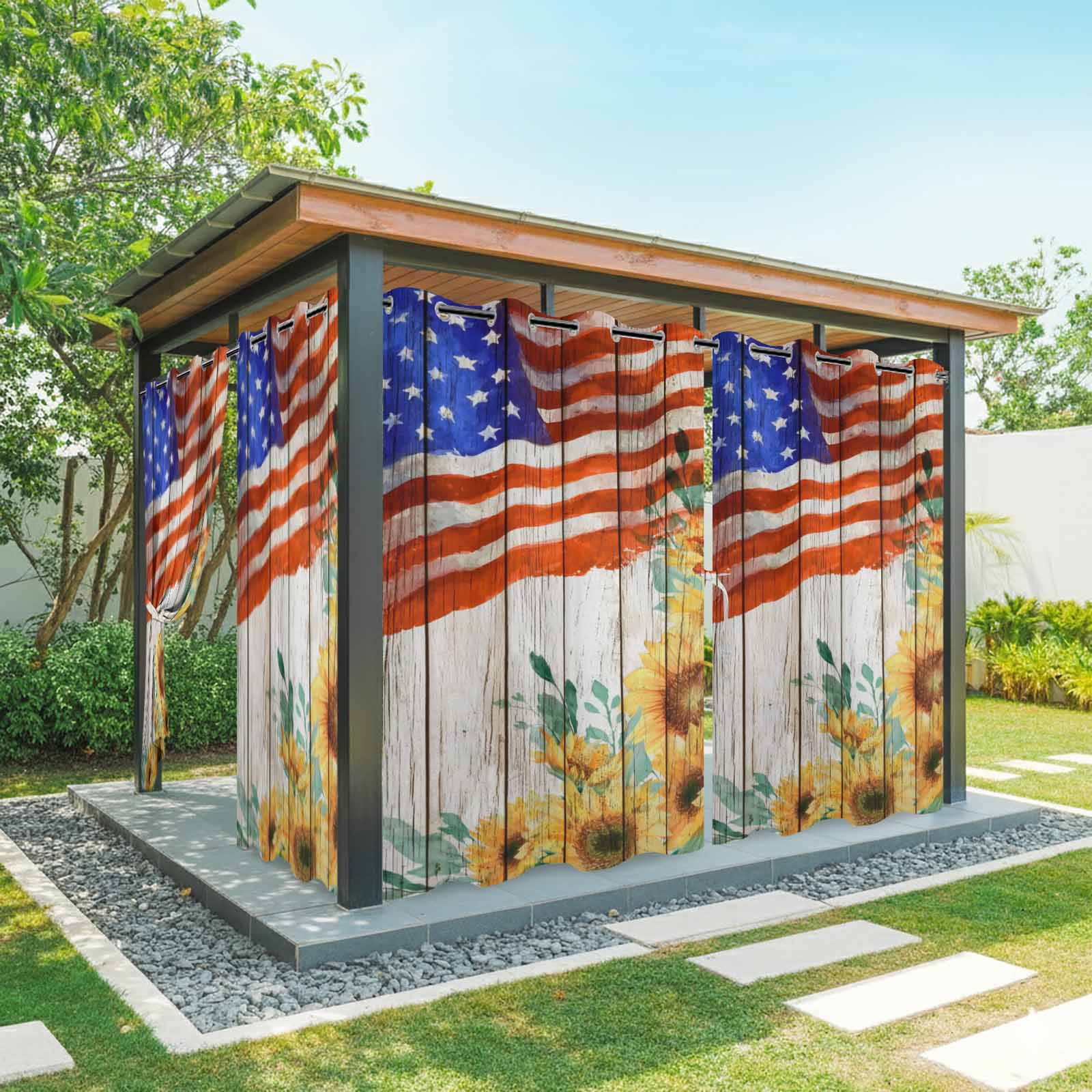 Independence Day Sunflower Outdoor Curtains for Patio, Patriotic Red Blue Star Yellow Flower Sunshade Privacy Drapes Grommet Waterproof Outside Curtains for Porch/Cabana/Balcony 54"x 84", 1 Panel